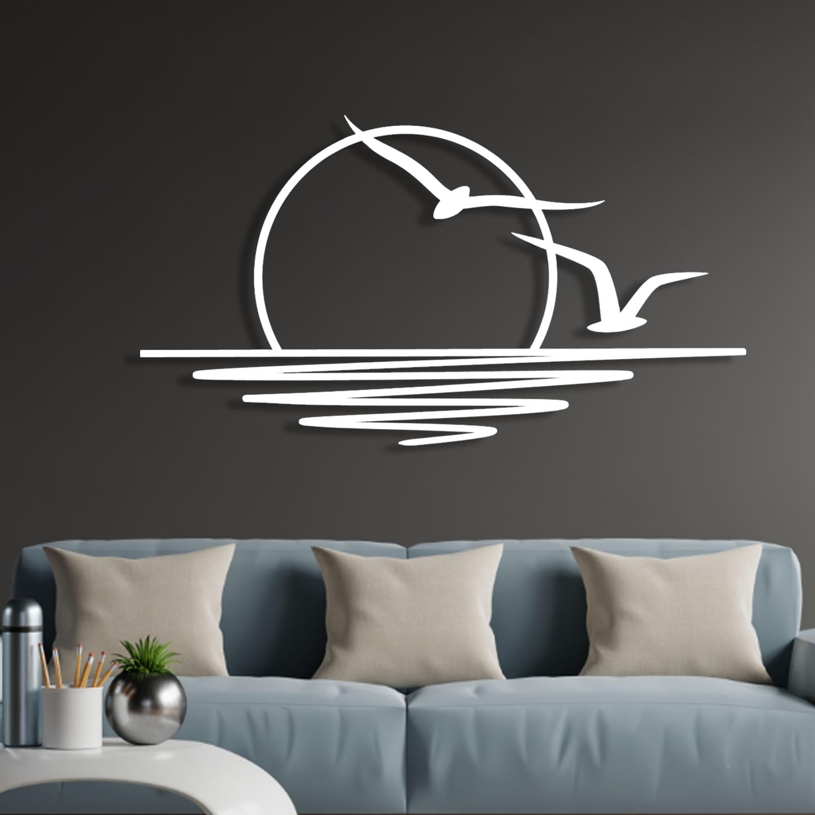 champracer Meer Sonne und Möwe Metall Wanddekoration, Sonnenaufgang Wandkunst,Wandbehang,Gartendekoration, Heimdekoration, Vogelkunst, Bettdekoration, Sonnenuntergang Dekoration (105x60 cm,weiß)