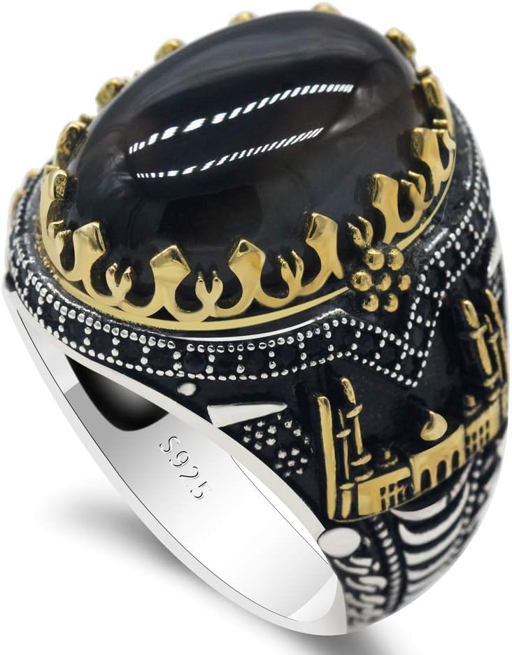 Natural Agate Ring for Men S925 Sterling Silver Black Agate Stone Ring Vintage Castle Men's Ring Gothic Style Unique Hand Ring