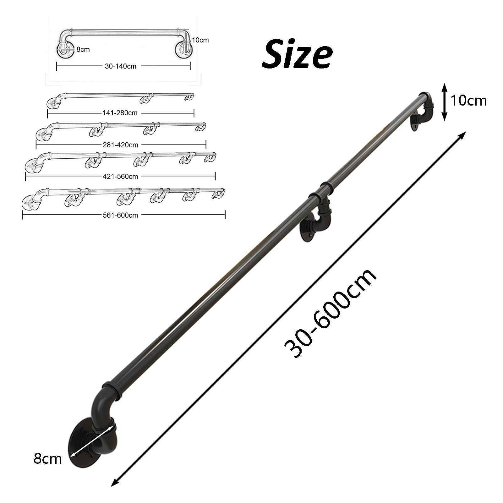 Kit de barra de agarre de metal negro para escaleras, montaje en pared, hierro forjado, 150 cm