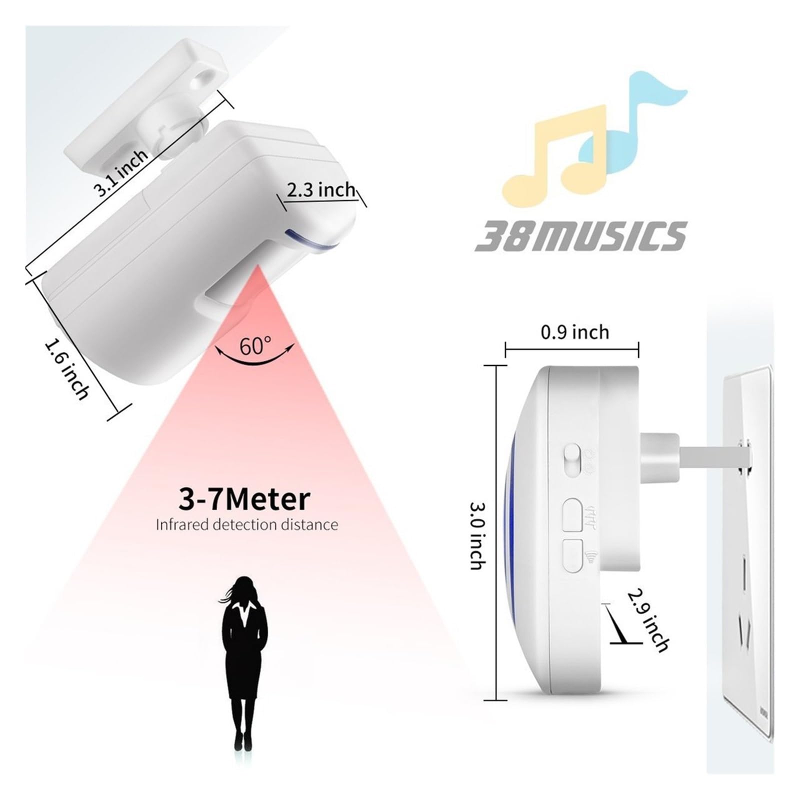 Sonnette sans fil capteur infrarouge PIR détecteur de mouvement système d'alarme domestique visiteur invite intelligente sonnette de porte Protection de sécurité d'entrée ( Color : 2 sensor 1 receiver