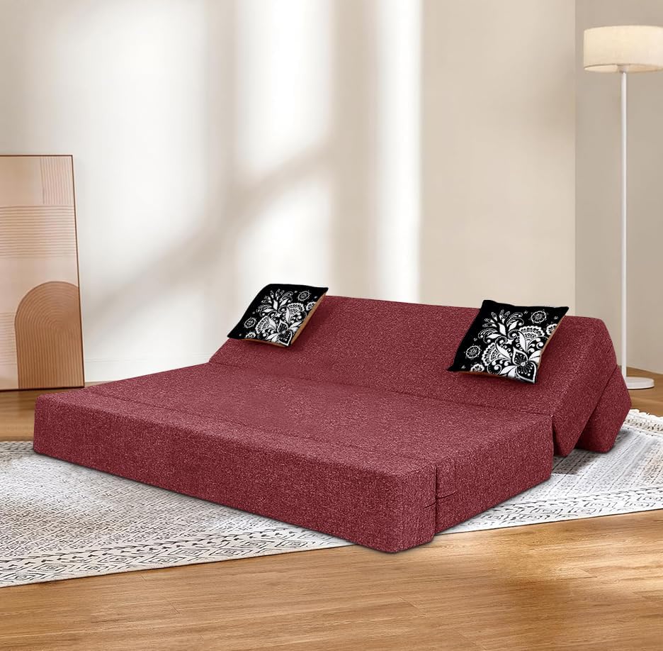 Image of Rosebell Two Seater Sofa Cum Bed | Jute Fabric Washable Cover | with Cushions Perfect for Guest | Red-Color | 4' X 6' Feet