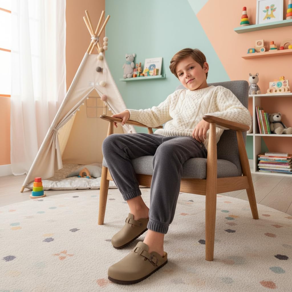 CUSHIONAIRE Kid's Hana Cork footbed clog with Genuine Leather upper, Faux Fur lining, and +Comfort