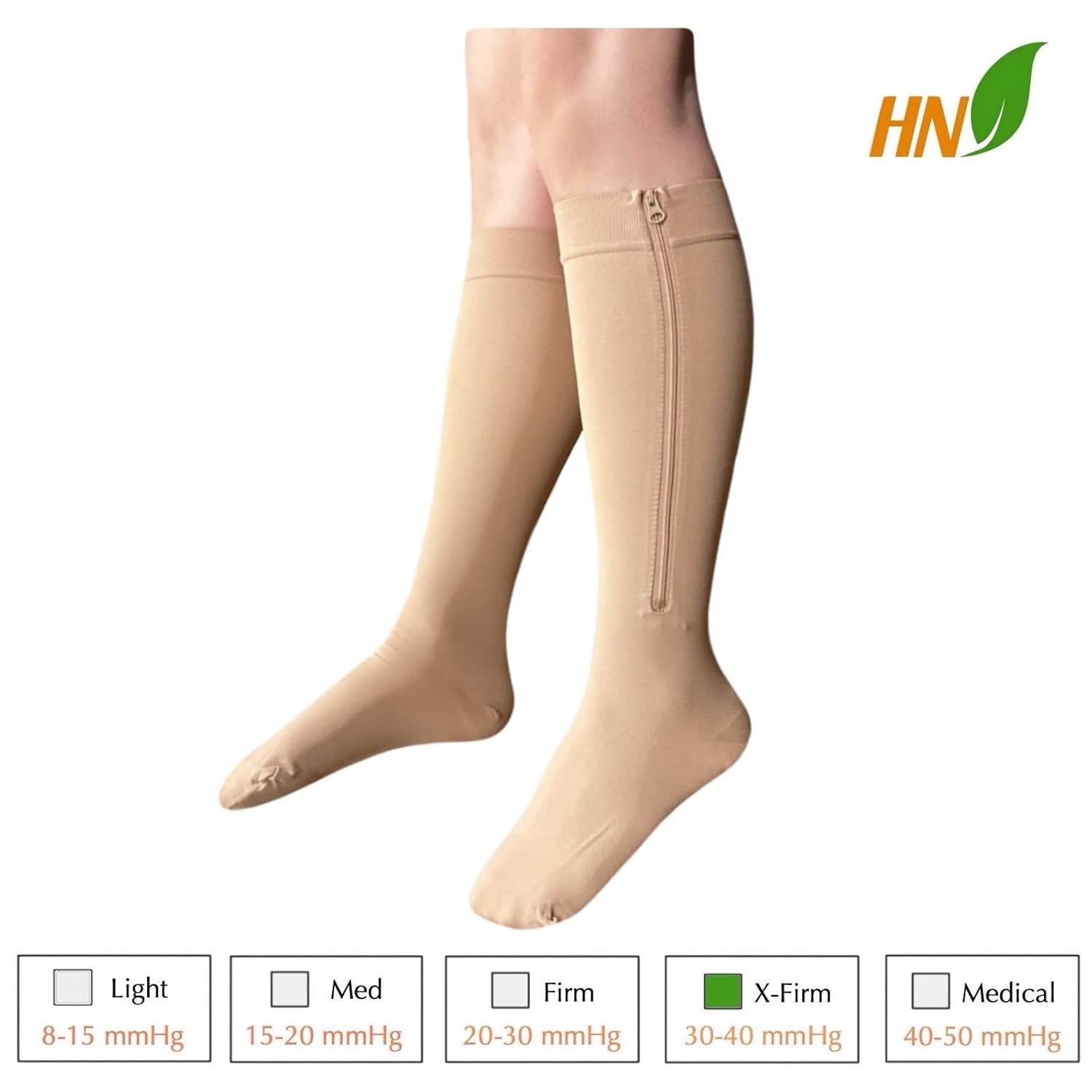 HealthyNees 30-40 mmHg Extra Firm Compression Closed Open Toe Wide Zipper Socks (Small-Medium, Closed Toe Nude) - Image 2