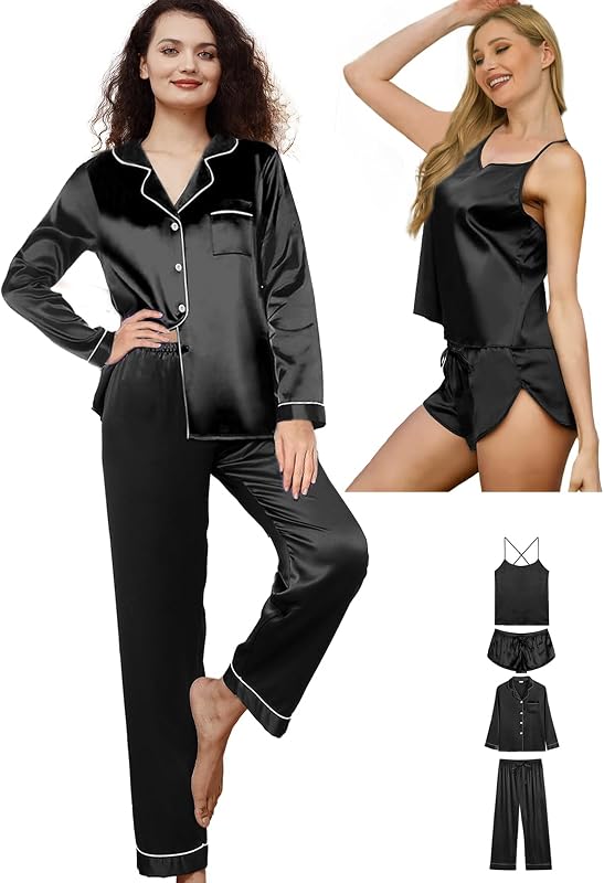 WJing Yi Jia 4Pcs Womens Silk Pajama Sets Satin Pajamas Set Sexy Cami Lingerie Pjs Nightwear Silky Pj Loungewear Sleepwear