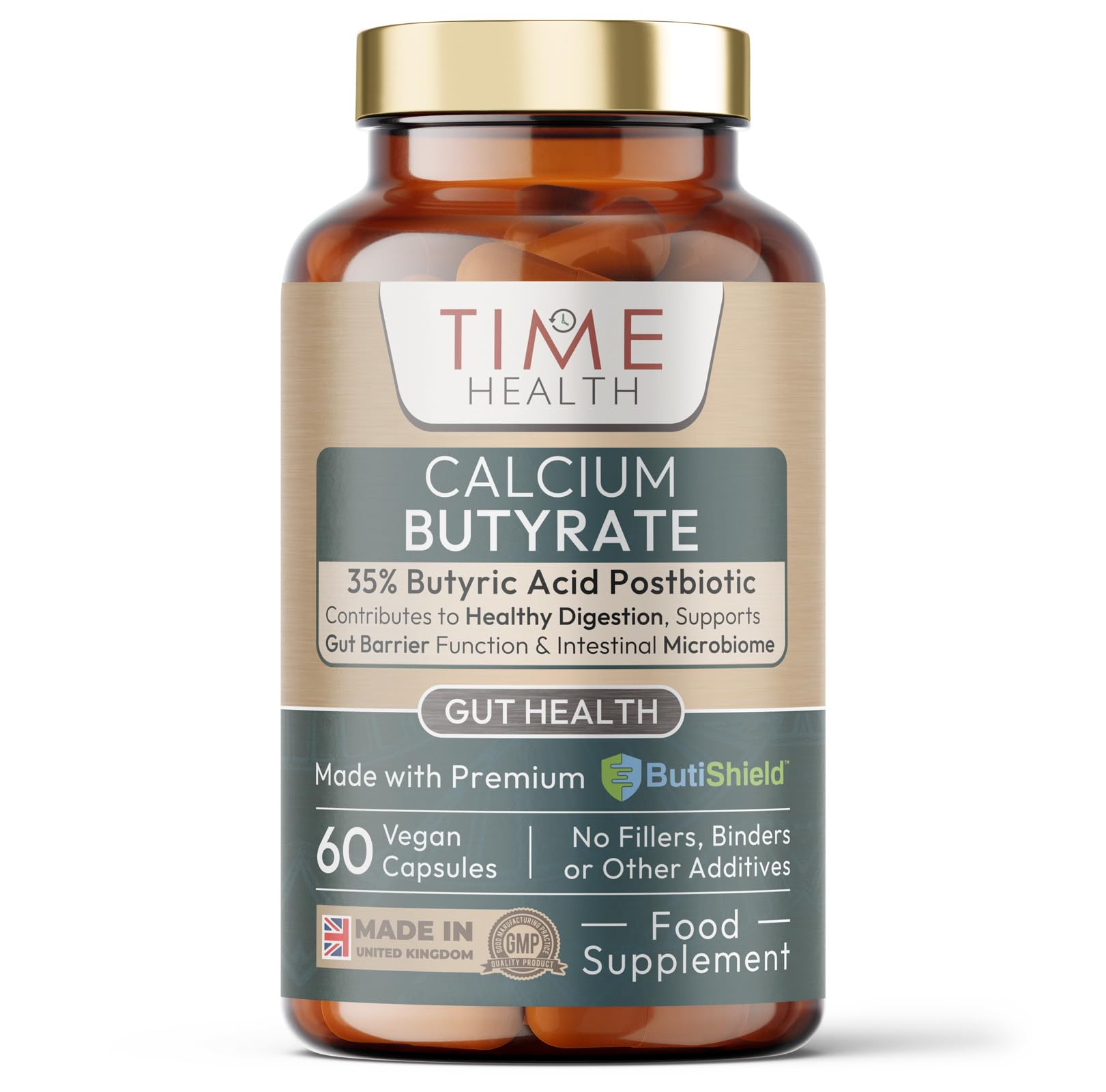 Calcium Butyrate – Made with Premium ButiShield – >35% Butyric Acid – Gut & Microbiome Support – 60 Capsules