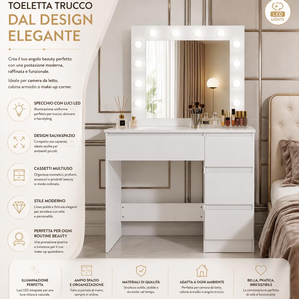 Shally Dogan Toeletta Trucco Bianca con Specchio e 12 Luci LED, 3 Cassetti, Postazione Makeup in Legno Design Minimal, Ideale per Interni, Casa, Camera da Letto, Cameretta 94 x 43 x 140 cm
