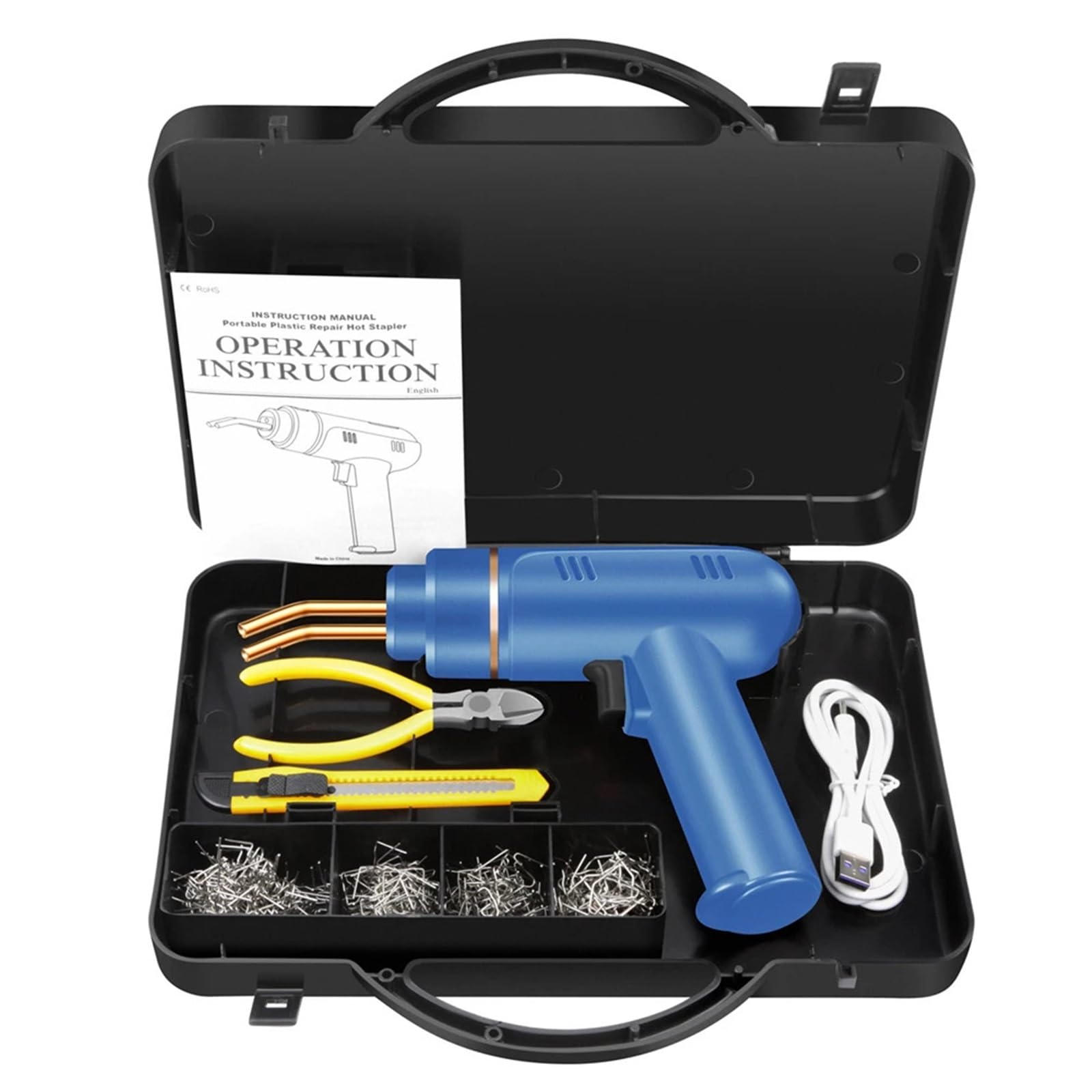Kit Riparazione Paraurti Auto Kit di riparazione paraurti per saldatrice di plastica ricaricabile con pinzatrice a caldo da 200 W, saldatore per la riparazione di paraurti in plastica per auto(Blue Se