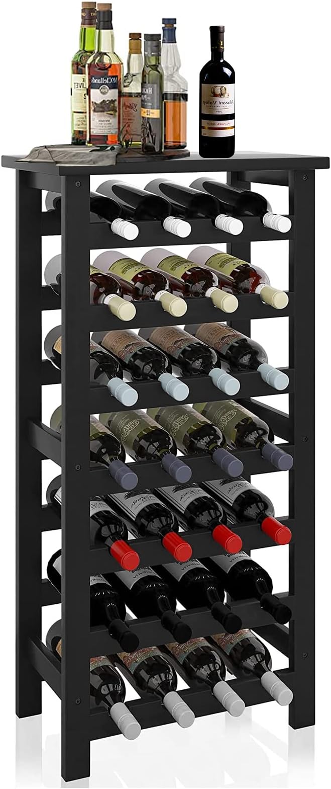 28-Bottle Wine Rack Free Standing Floor, 7-Tier Display Wine Storage Shelves with Table Top, Bamboo Wobble-Free Bottle Holder for Kitchen Bar Dining Room Living Room