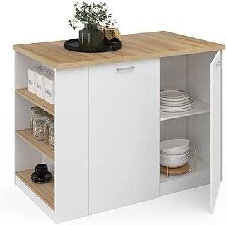 IDMarket - Ilot Central TIBO 120 cm Bois Blanc avec Plan de Travail façon hêtre