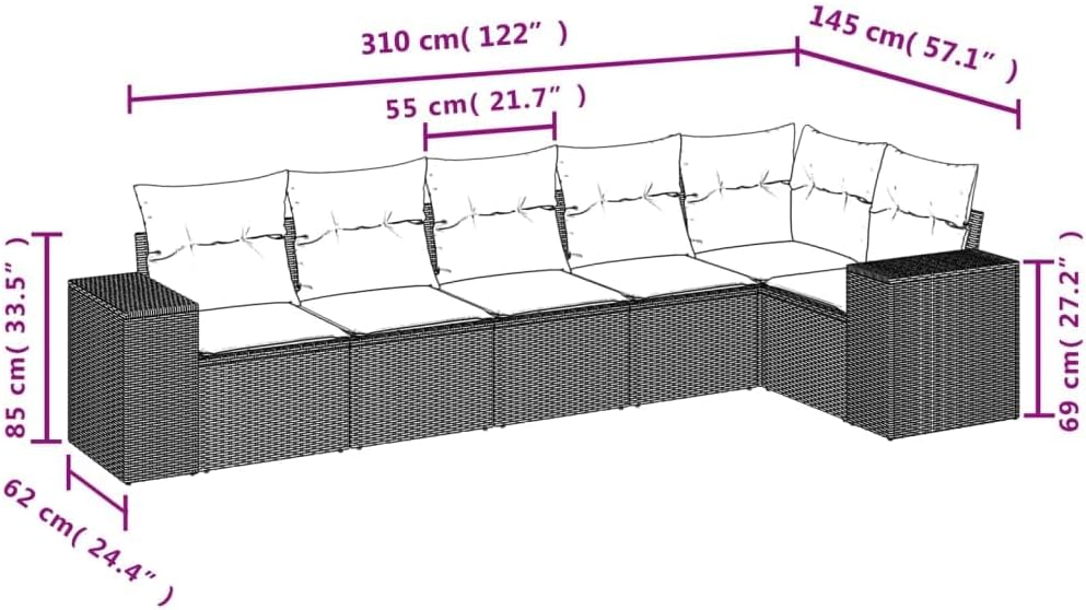 6-Piece Outdoor Garden Sofa Set in Black and Cream with PE Rattan and Adjustable Feet for Patio Balcony Modular Seating