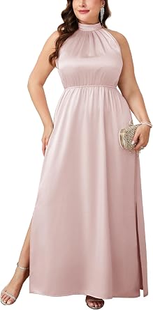CYCLAMEN Plus Size 0X-4X Satin Halter Neck Dress A-line Maxi Long Dresses Wedding Guest Cocktail Evening Gowns