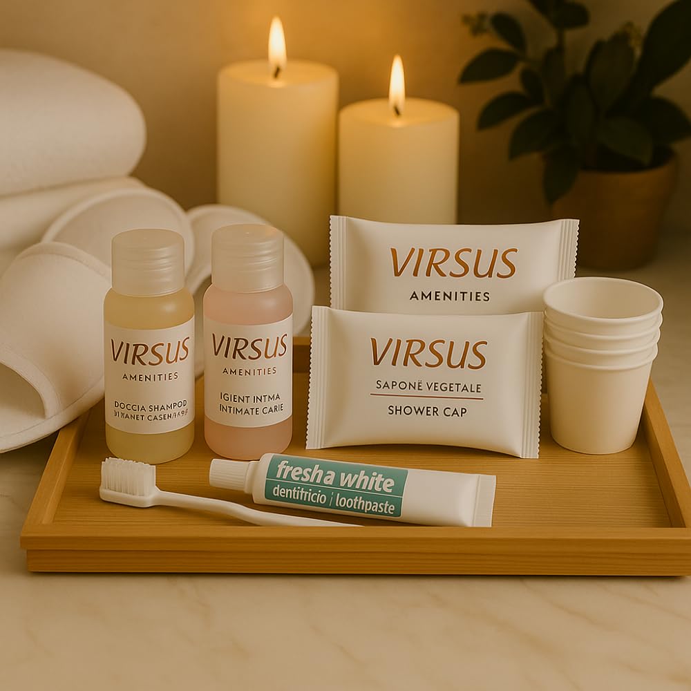 Virsus 290 Pezzi Kit Cortesia SUPERIOR: 50 Flaconi Igiene intima 20ml, 50 Flaconi Doccia Shampoo 20ml, 50 cuffie, 50 Saponette, 50 Bicchieri Imbustati, 20 Paia Pantofole, 20 Set Denti, Linea cortesia