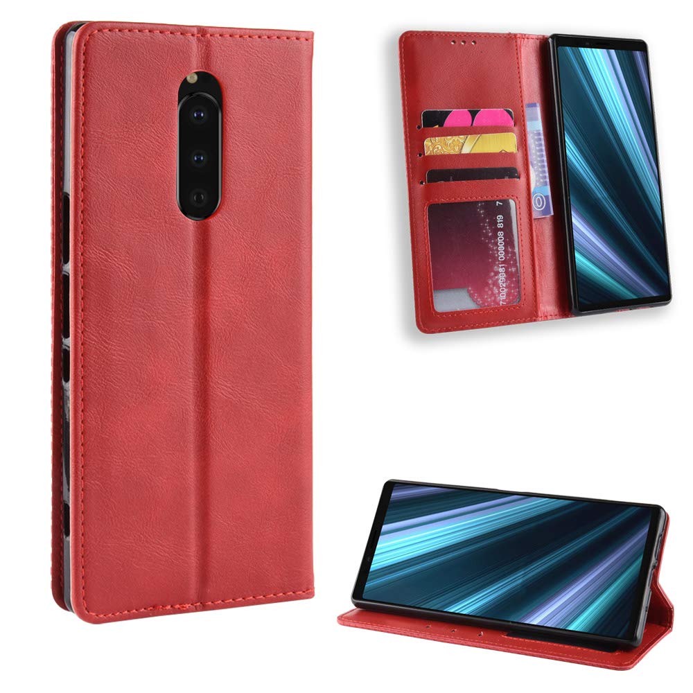Jielangxin Cover In Pelle Per Sony Xperia 1 (J8110, J8170, J9110, SO-03L, 802SO, PF13) - Custodia Con Supporto E Slot Per Carte, Colore Rosso