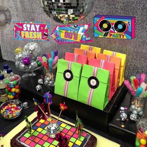 Image of Hooqict 20 Pieces 90s Party Decorations Sign Retro Hip Hop Party Sign for Back to The 90s Adults Neon Throwback Birthday Party Supplies