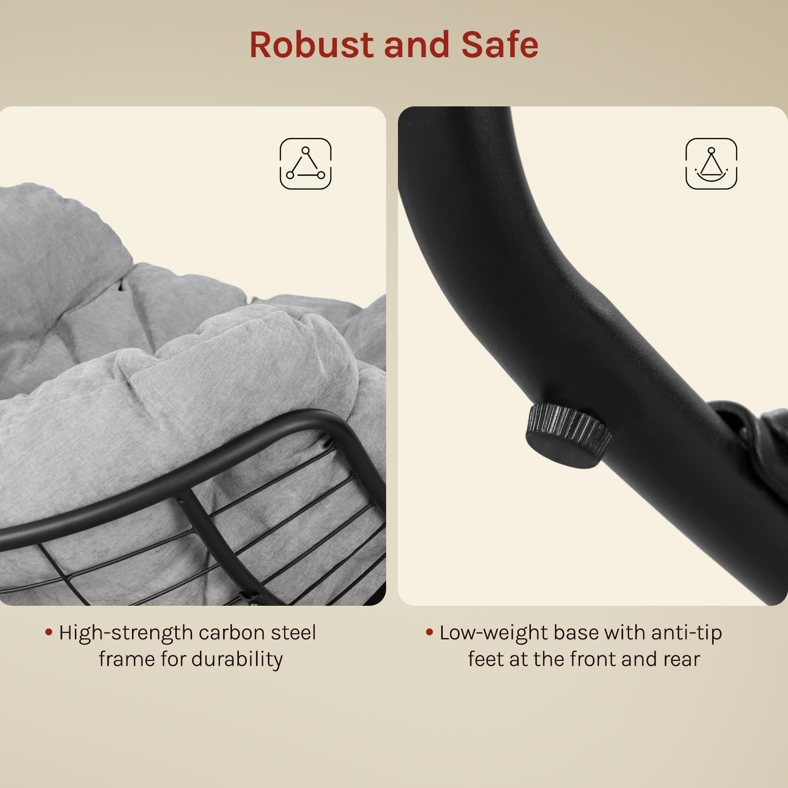 WOLTU Sedia a Dondolo a Forma di Uovo, Poltrona Relax con Gambe Curve, Struttura in Metallo e Cuscino in Ciniglia, Portata 150 kg, per Salotto e Balcone, Grigio Chiaro