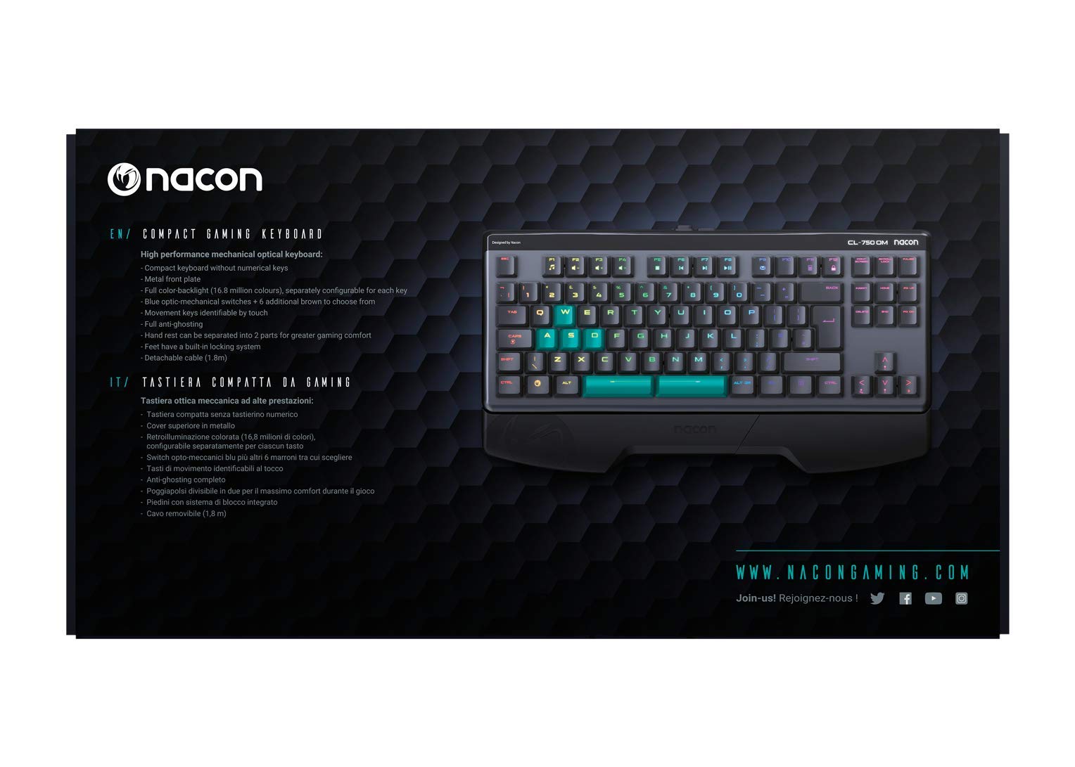 NACON Tastiera USB Cablata PCCL-700OMDE - Layout Tedesco QWERTZ, Full Size, Retroilluminazione LED, Colore Nero