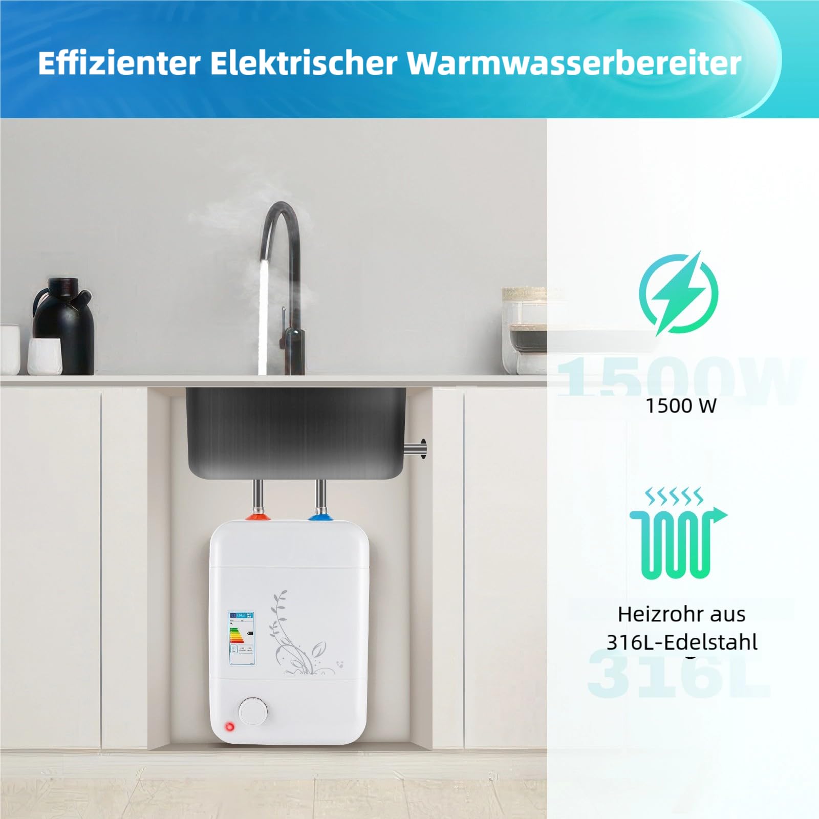 Pequeño acumulador bajo mesa 8L resistente a la presión – Depósito de agua caliente 1500 W bajo mesa 30 – 75 ℃ temperatura ajustable 23 x 21 x 36 cm