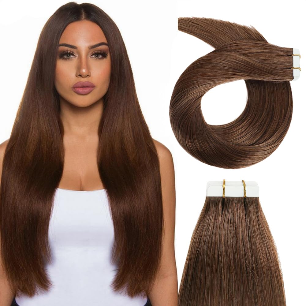 Photo 1 of #4 Brown Tape in Hair Extensions Human Hair,Dark Brown Straight Remy Human Hair Extensions,16 Inch 45g 10 Pcs,Skin Weft Seamless Invisible, Silky Straight with Thick Ends, Remy Human Hair