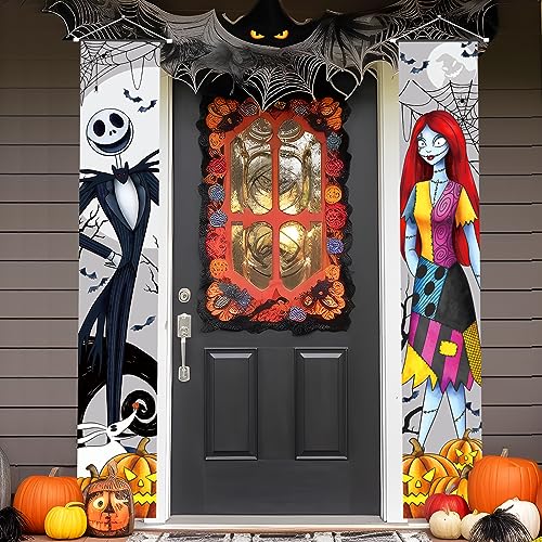 Image of Jack Sally Banners Porch Signs Halloween Decor Christmas Nightmare Hanging Banner Halloween Decorations Outdoor Horror Poster for Indoor Spooky Pumpkin Ghost Door Sign Before Party Banner Wall Art