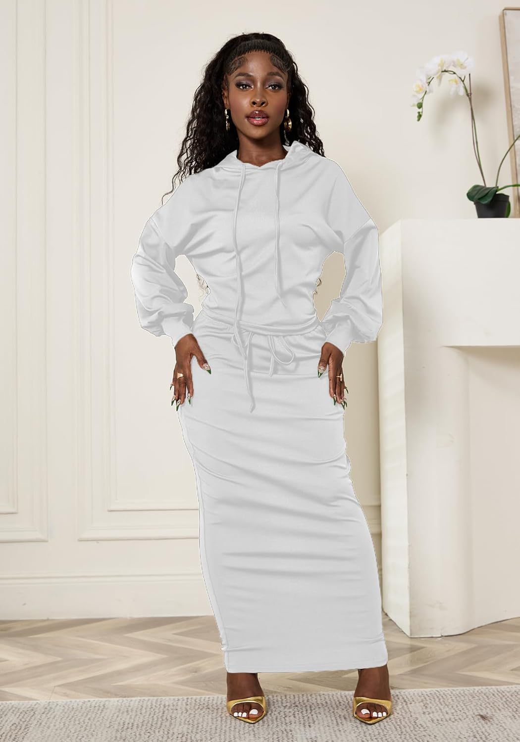 LETSVDO Womens 2 Piece Sweatshirt Solid Long Sleeves Hoodie Bodycon Maxi Dress - Image 3