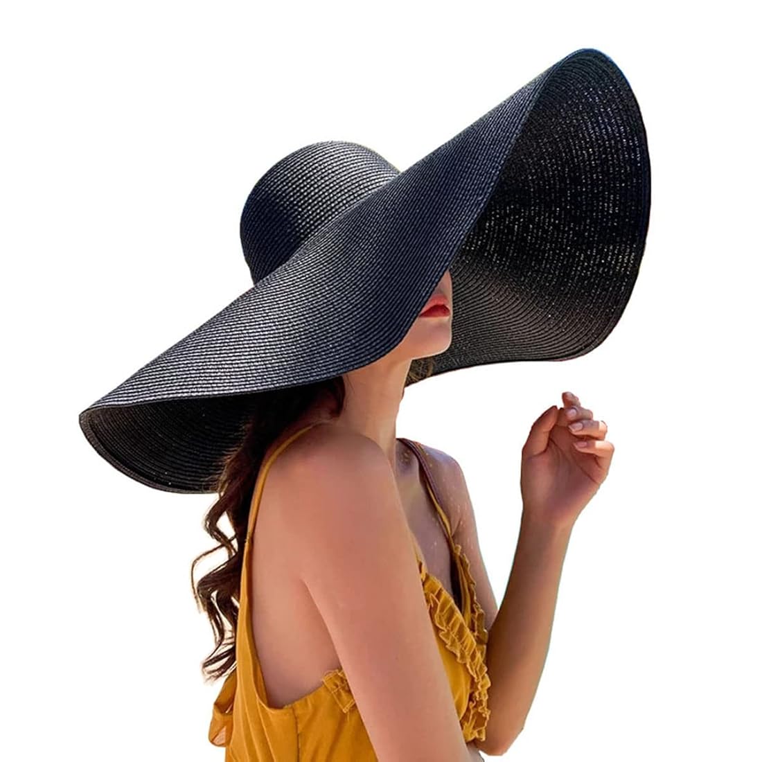 Wide Brim Big Black Straw Hat Wauwinet, Large Brim Leghorn Straw - Main Image