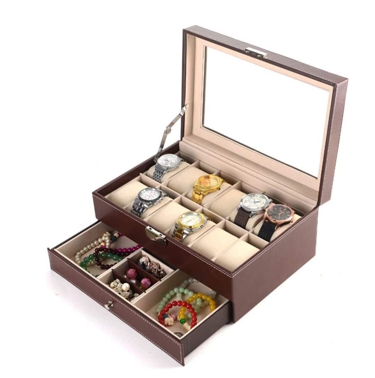 Uhrenetui, Uhren-Organizer, Display, 12 Fächer, Uhrenbox, doppellagiger Schmuckhalter aus PU-Leder, Aufbewahrungskoffer mit Schublade, Uhrenbox