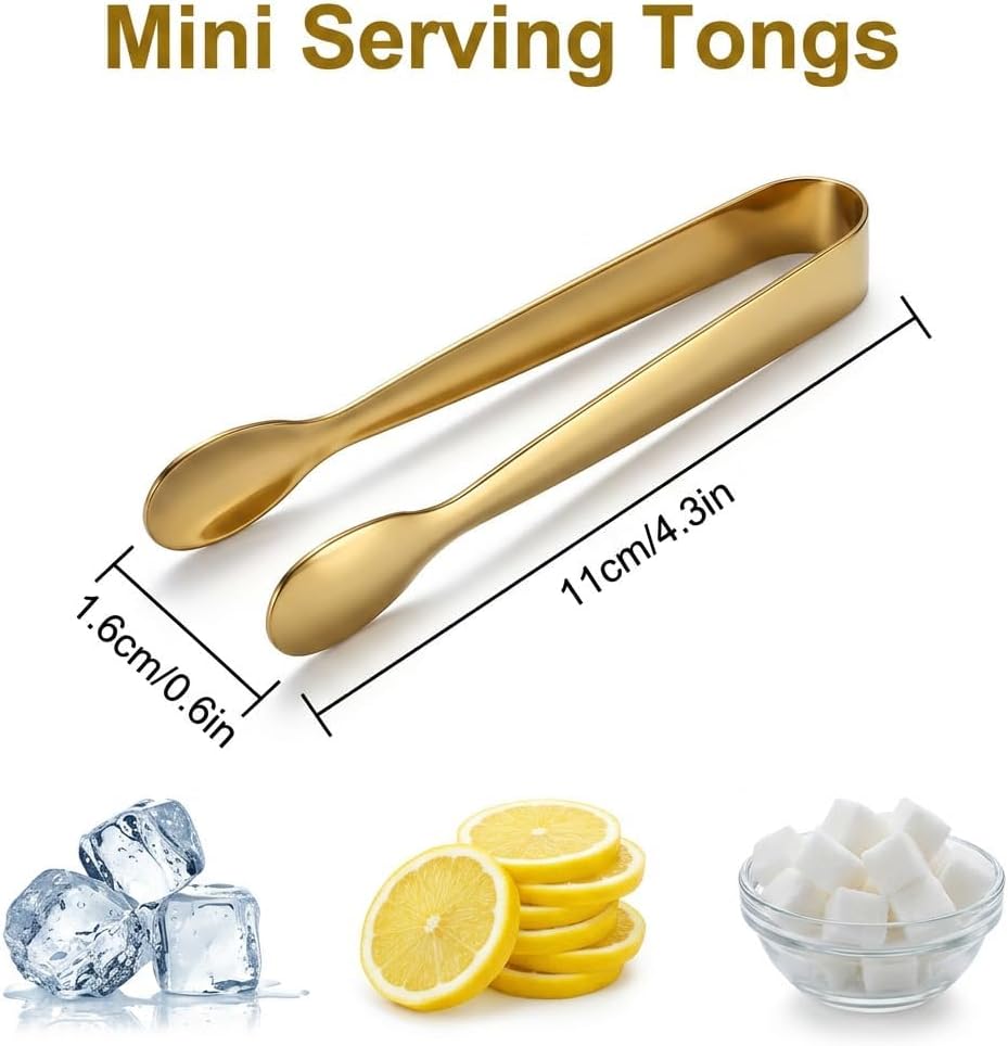 8 Pack Gold Mini Serving Tongs, 4.3 Inch Stainless Steel Small Tongs, Tiny Appetizer Tongs for Charcuterie Board, Sugar Cubes, Ice, Desserts, Buffet, Tea Party, Party & Wedding Serving Tools
