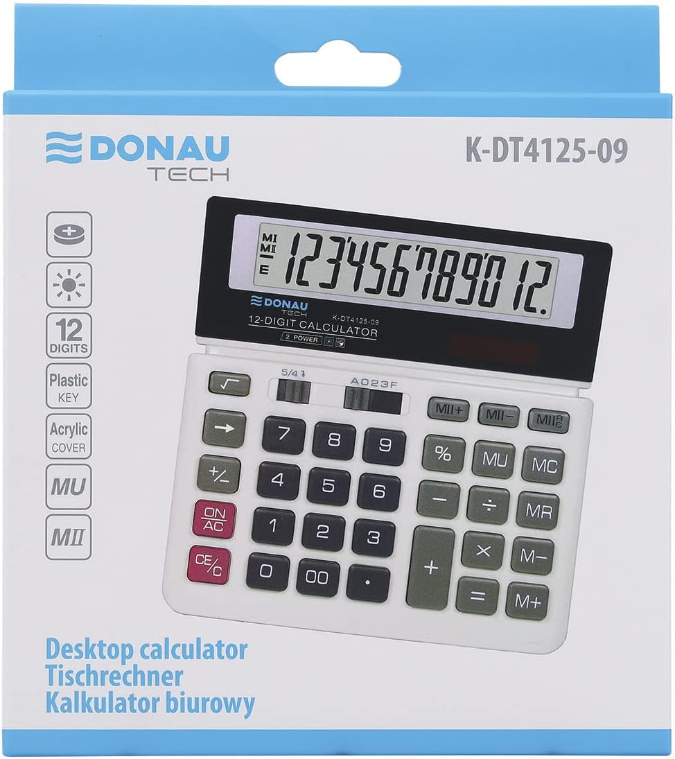 DONAU TECH/K-DT4125-09 Desktop Calculator 12-Digit Root Function 156 x 152 x 28 mm White with 12-Digit Display Dual Power Solar Battery Operated Compact Design