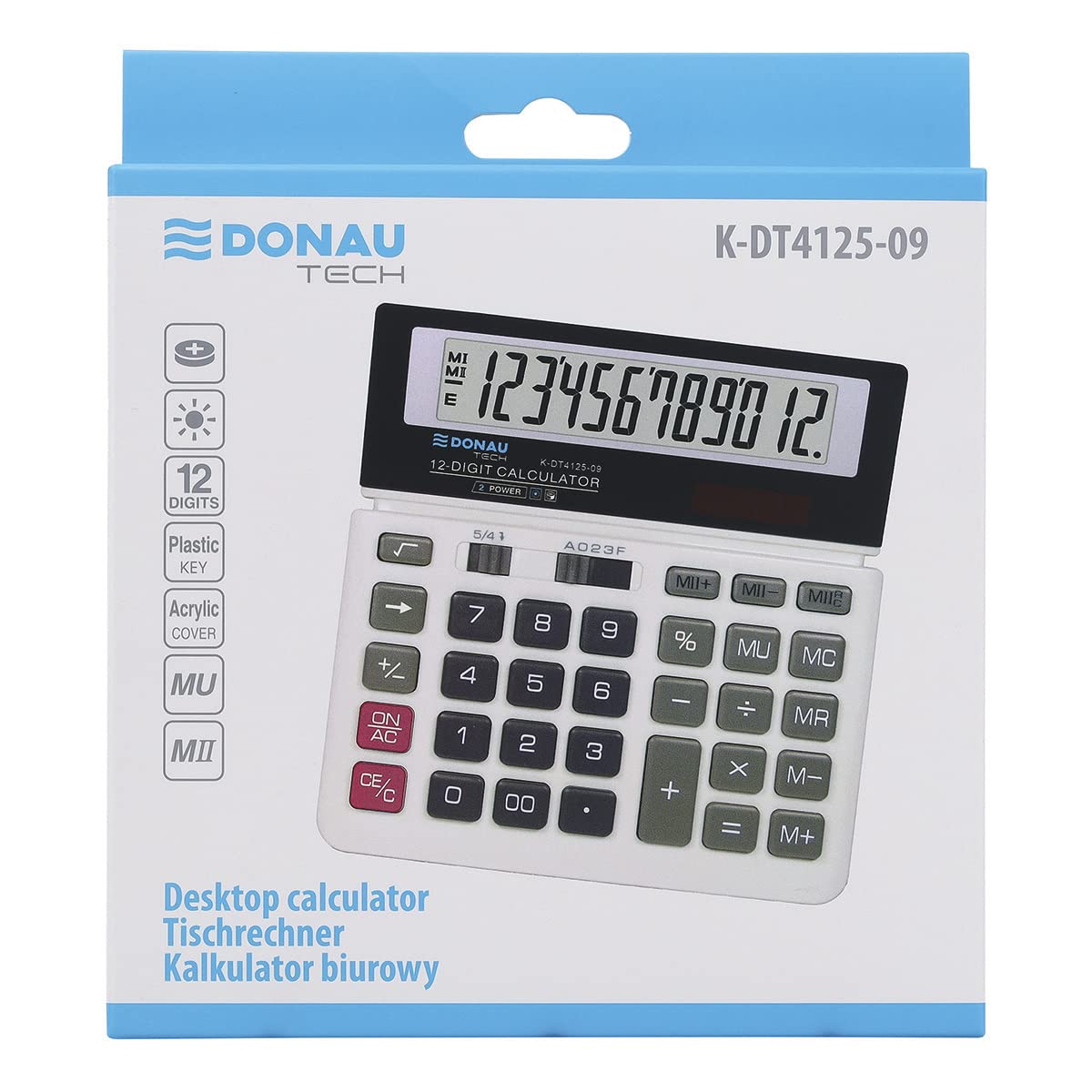 Kalkulator stołowy DONAU TECH/K-DT4125-09 12-cyfrowy funkcja korzeniowa/156x152x28 mm/kolor: biały/kalkulator z 12-cyfrowym wyświetlaczem/podwójne zasilanie solarne/kompaktowy design/5 lat gwarancji