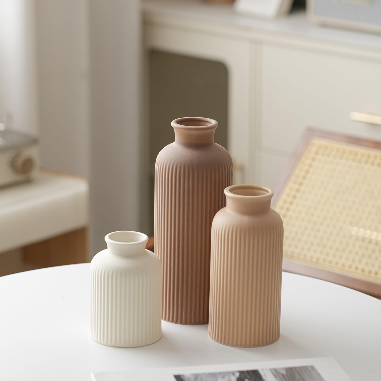 Große Moderne Keramik Vase Set, Kaffee Geriffelt Matt Design, 3 Stück Dekorative Vasen für Zuhause, Wohnzimmer, Büro (XL Kaffee Mix)