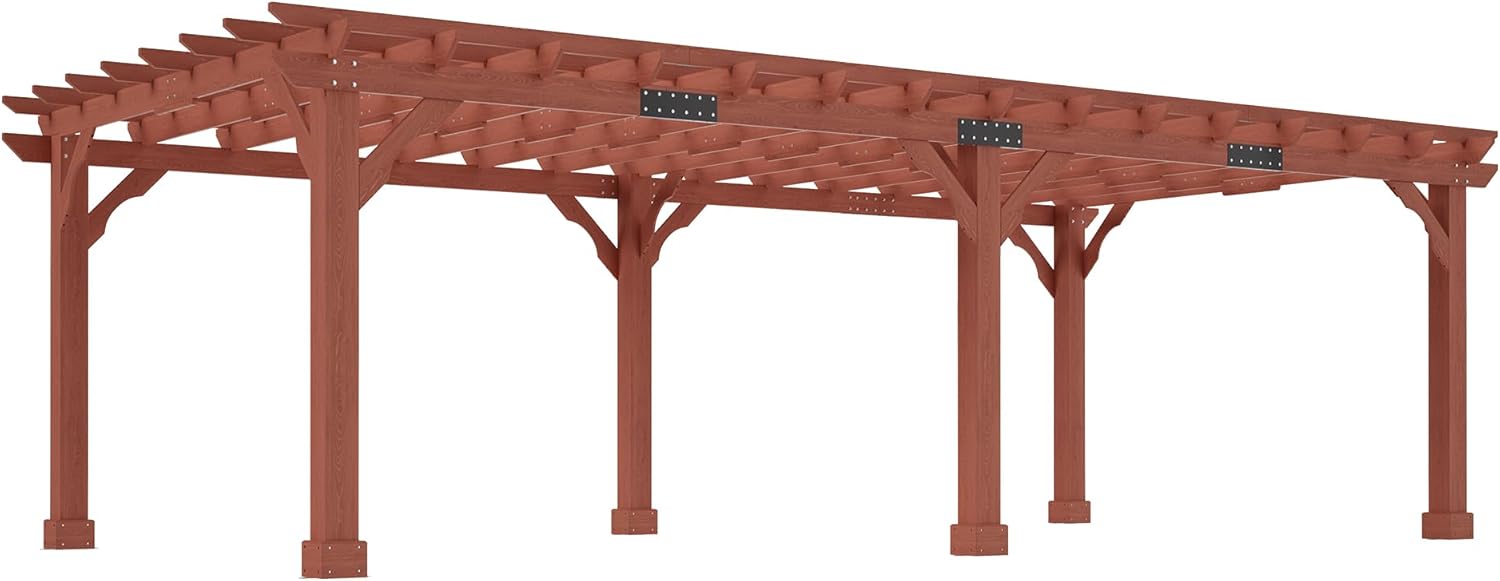 Jocisland 12x24 FT Premium Cedar Wood Pergola with Trellis Roof & Weather-Resistant Support, Outdoor Pergola Kit with Stakes, Garden Gazebo for Patio, Backyard & Events, Reddish-Brown