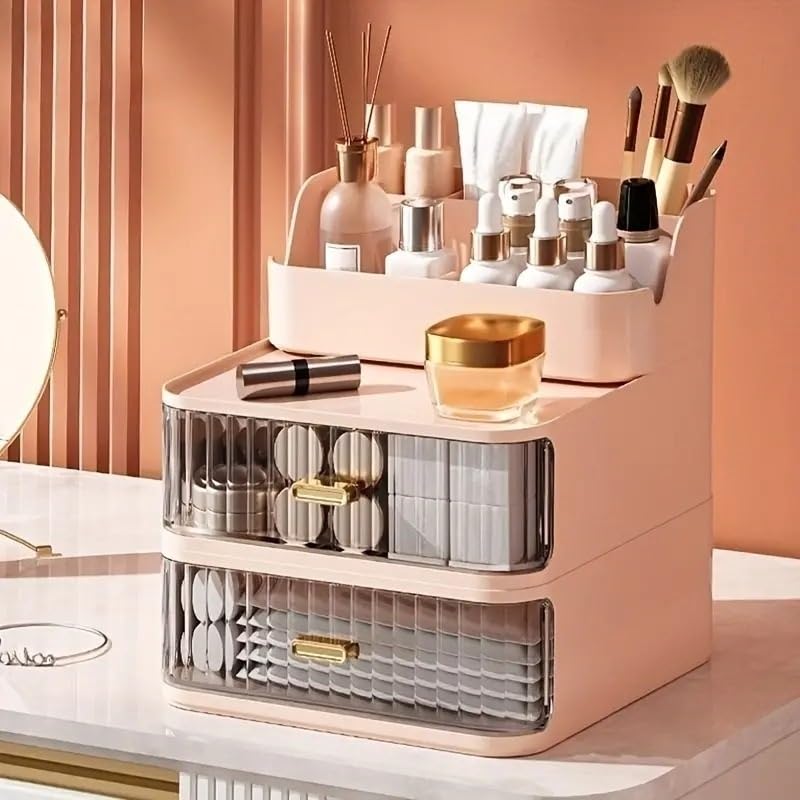 Organizador De Maquillaje Organizador de Maquillaje con cajón, Gran Capacidad, Organizador cosméticos Escritorio, Caja Almacenamiento for el hogar, Estante(Pink)
