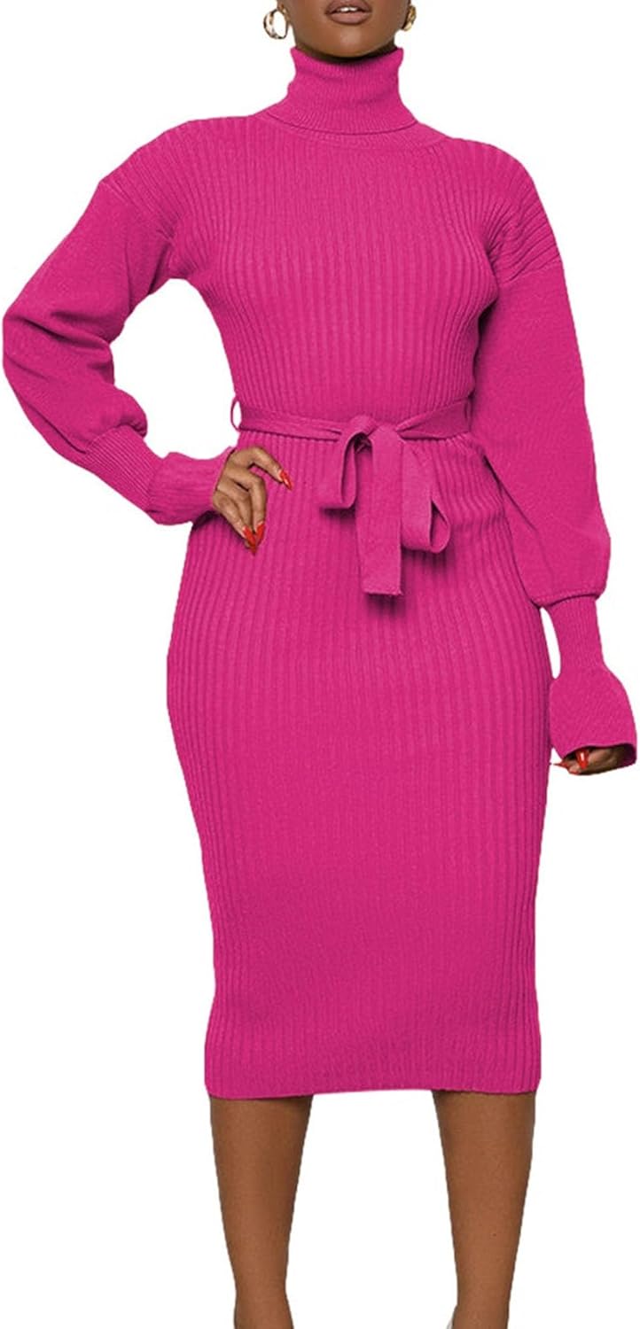 Women's Turtleneck Sweater Midi Dress Casual Loose Sweater Dress Long Sleeve Ribbed Knit Bodycon Dress with Belt