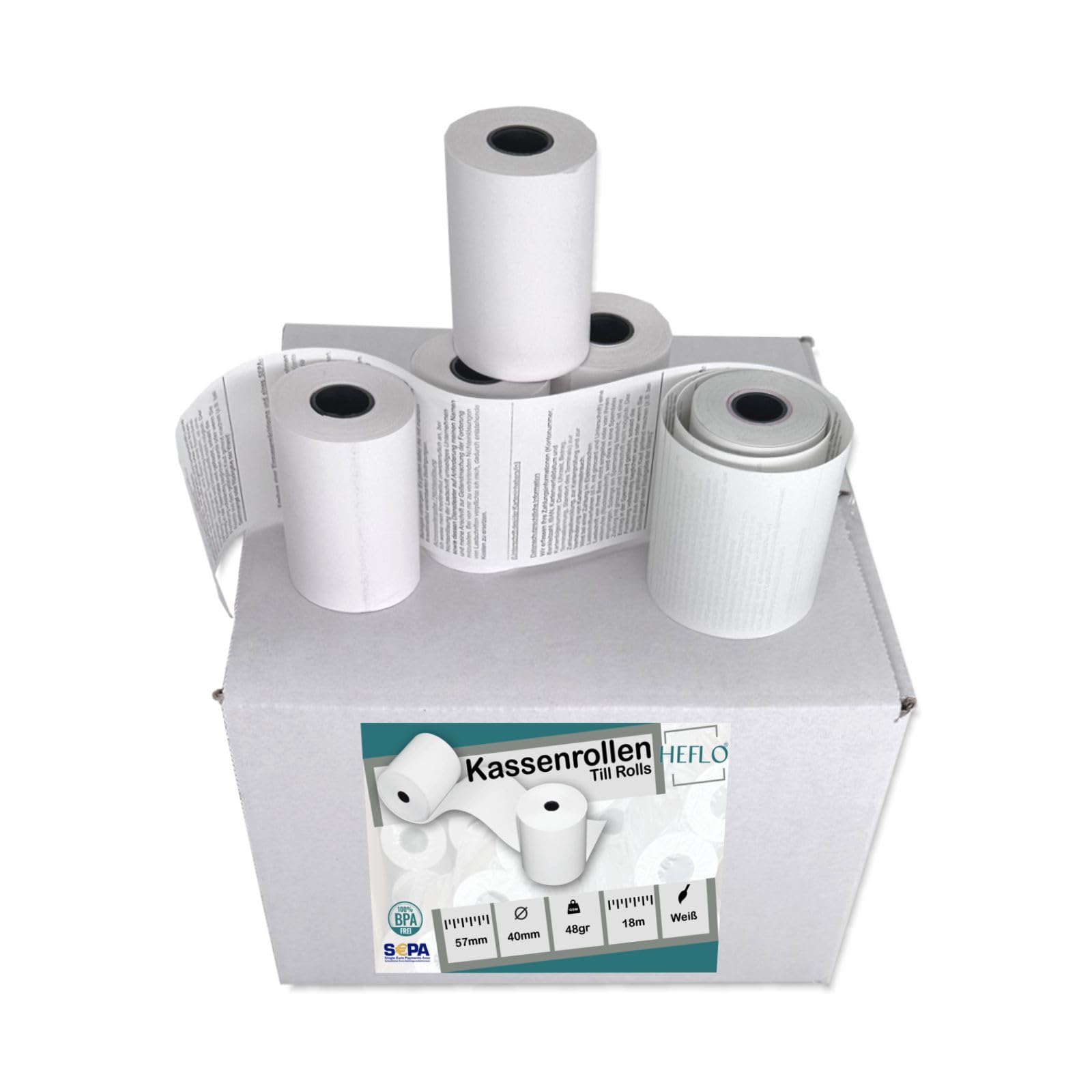 HEFLO Kassenrollen 57mm x 40mm x 12mm Kern, 18m, Ø 39mm, SEPA-Text, BPA-frei – Thermorollen für EC-Cash-Geräte, FSC Mix, Rote Endmarkierung, 100 Stück