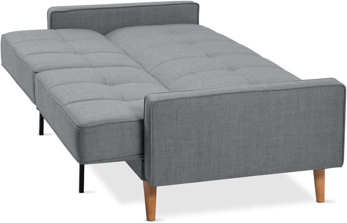 EVERGREENWEB Divano letto 3 Posti Clic Clac Trasformabile in Letto una Piazza e Mezza con 2 Cuscini GRATIS, Doppio Schienale Reclinabile 3 livelli, Tessuto Imbottito Capitonné Grigio, Piedi in Legno