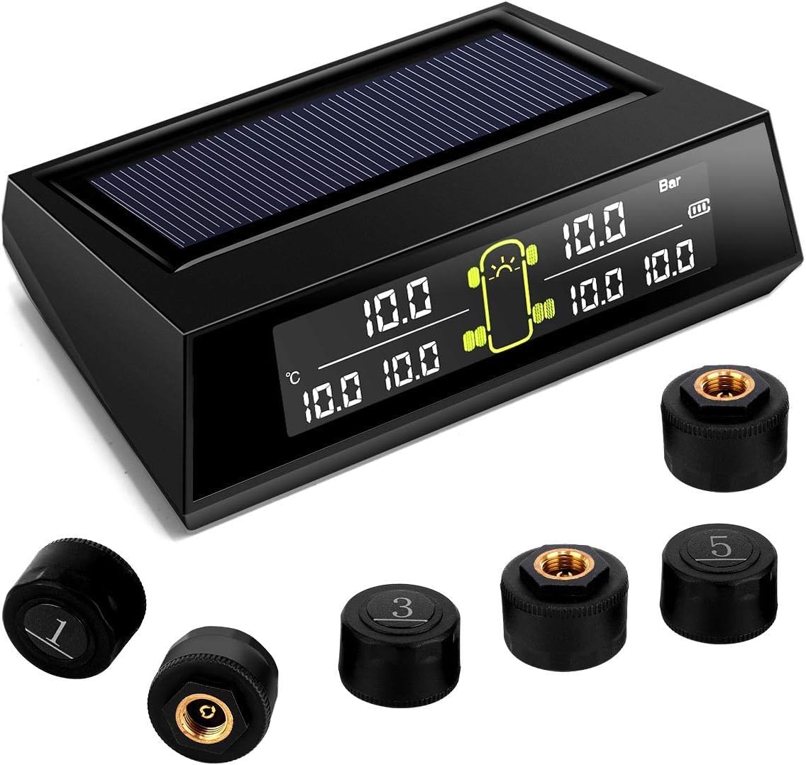 GEARGO RV TPMS display unit, four sensors, USB charging cable, anti-theft nuts, and wrench.