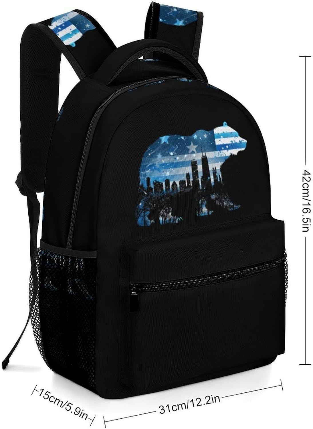 Am-erican Flag City Flag Bear Print Laptop Backpack Lightweight Travel Daypack Shoulder Bag for Men Women