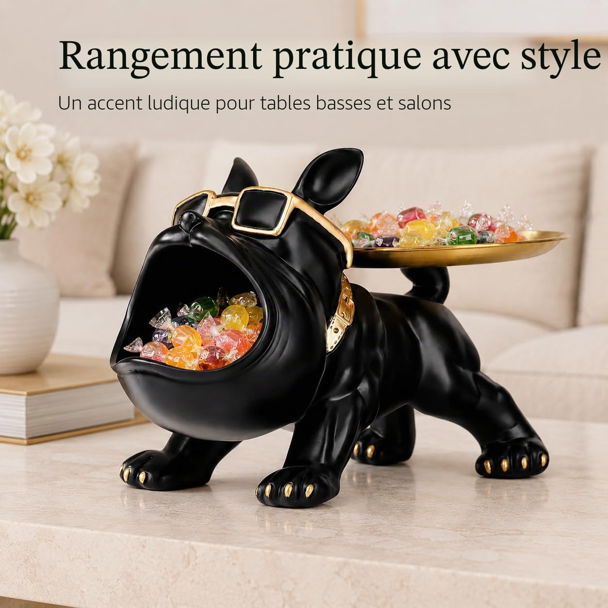 Bouledogue Français Statue Decoration Interieur,Vide Poche Entree,Vide Poche Plateau Decoratif,Rangement Clef,Statue en Résine,Statue Animaux Decoration Maison