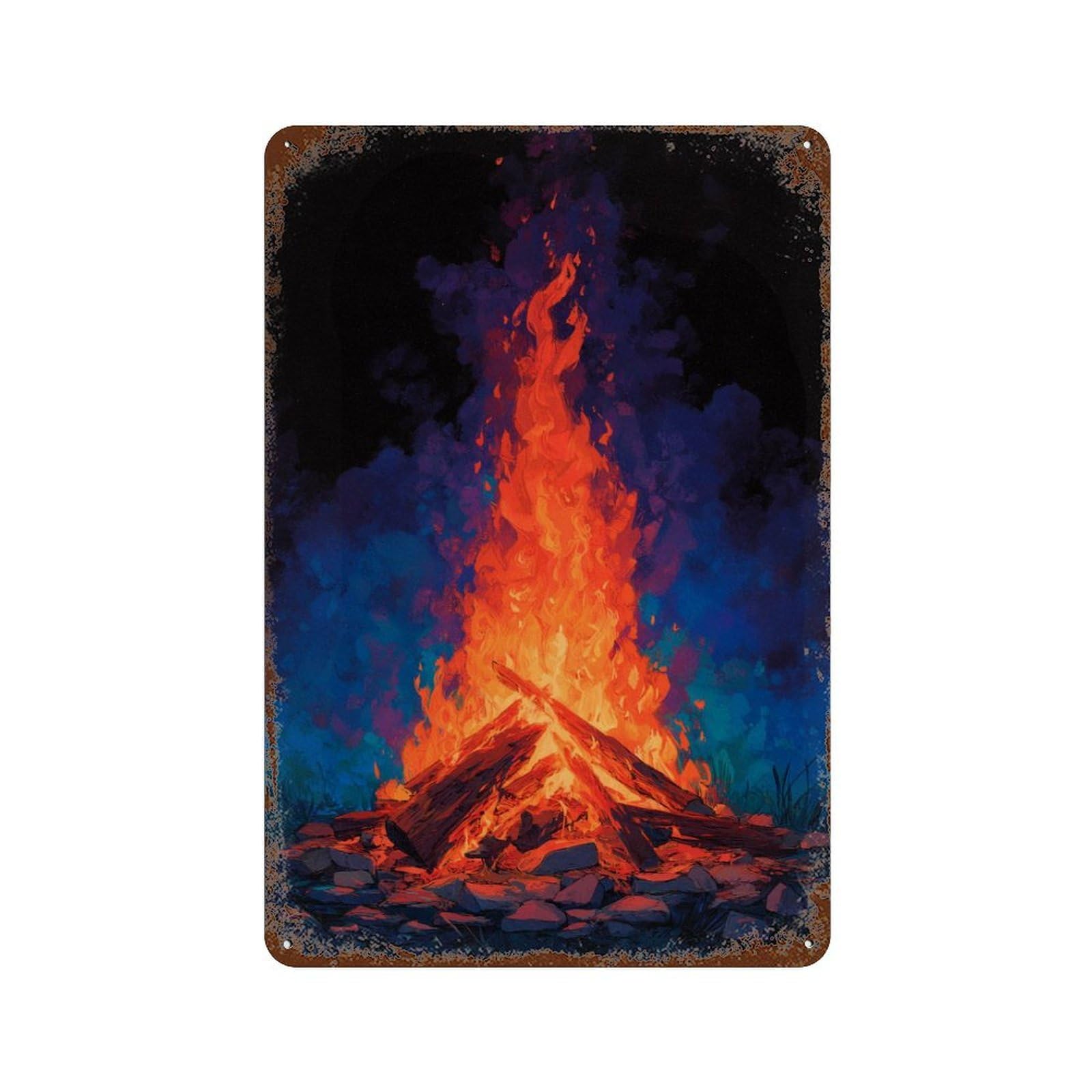 Campfire Night Scene Decorative Tin Sign 11.8"x7.9", Vintage Wall Decor for Basement, Hobby Room And Garage Decor