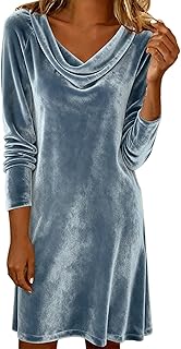 Long Sleeve Velvet Dress for Women Cowl Neck Patchwork Sequin Party Formal Cocktail Prom Evening Fancy Elegant Midi Dress