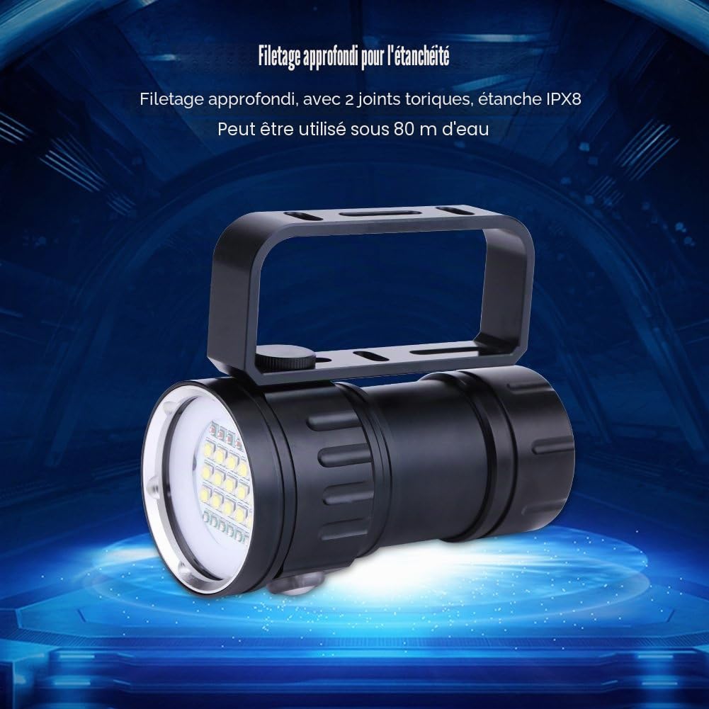 AWEHIRU Lampe de Poche de Plongée, Lampe-Torche sous-Marine de 500M LED, 18000 Lumens IPX8, Aluminium Noir, Diode Électroluminescente, Montage à la Main, Lumière Haute Intensité, Torche de Plongée