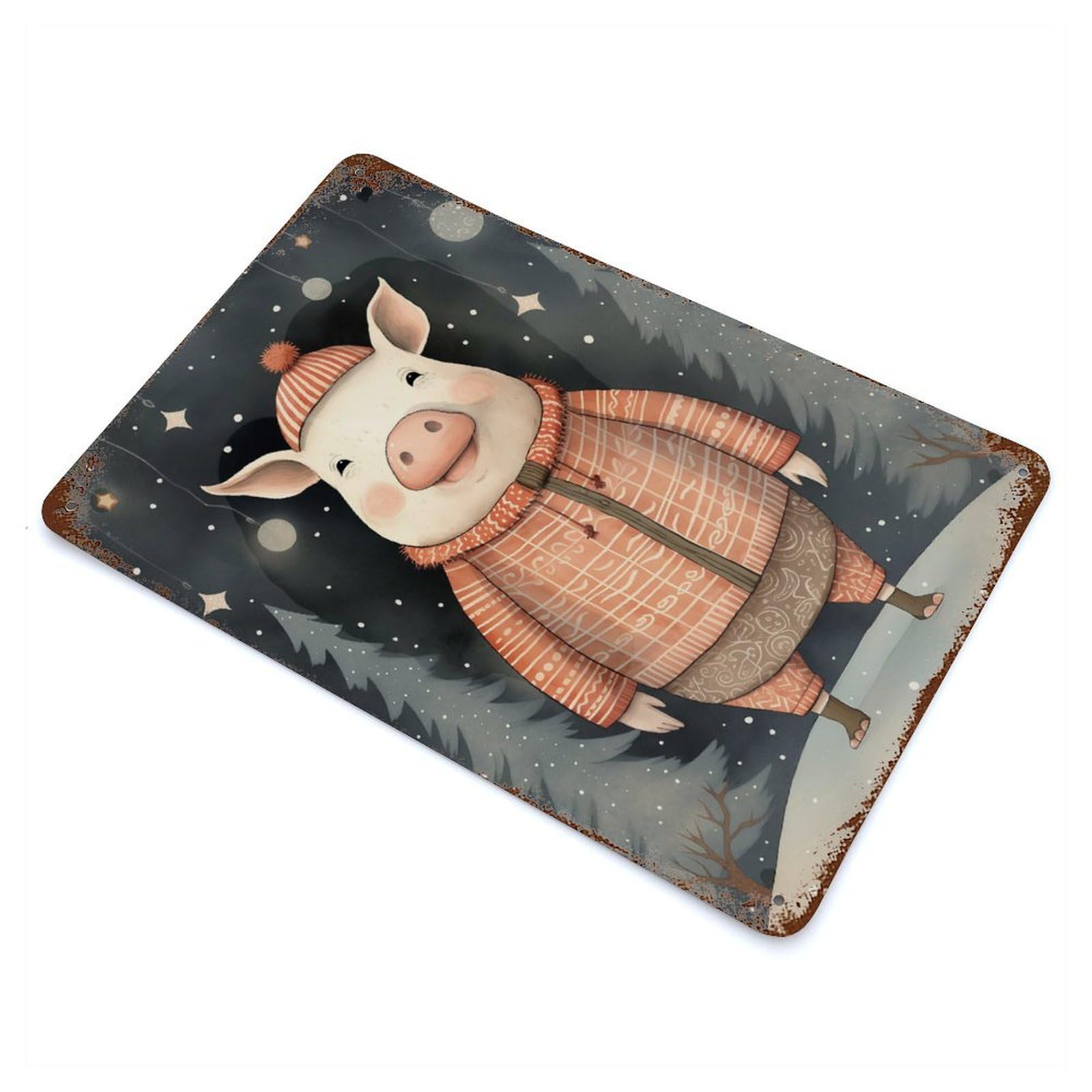 Garage Style Vintage Pig Xmas Rust Effect Tin Sign 11.8"x7.9", Industrial Home Decor for Bar And Workshop