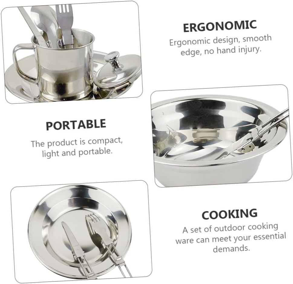 Camping Cookware Set Stainless Steel Portable Tableware 1-2 Person Mess Kit Lightweight Outdoor Cooking Equipment for Hiking Backpacking Picnic