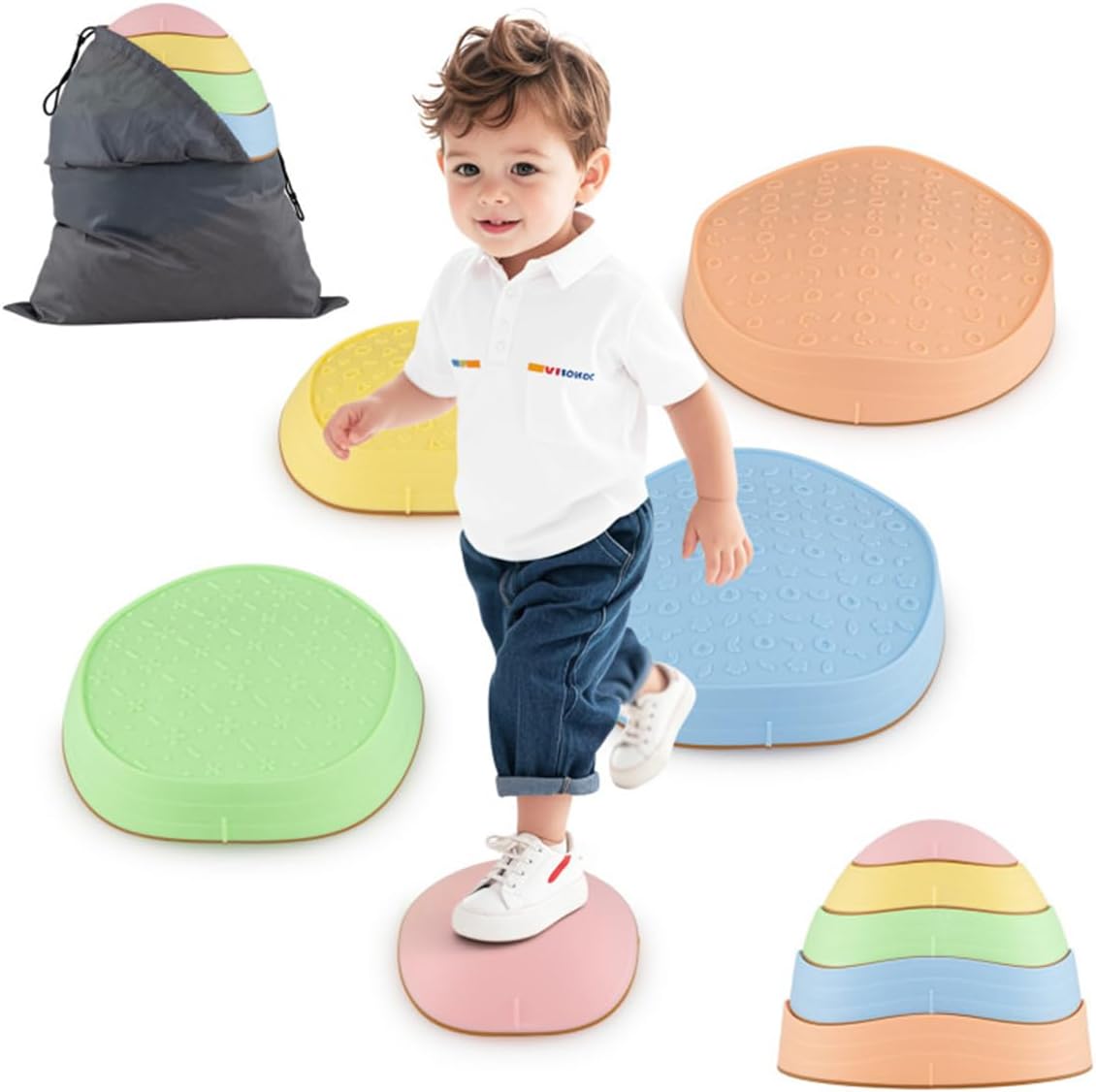 Kids Non-Slip Stepping Stones, 5 Sizes Balance Stones with Storage Bag for Indoor Outdoor