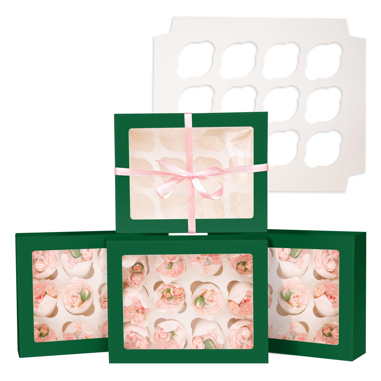 Gcardist Auto-pop Up 12 Cupcake Boxes with Window Deep Green 6 Packs Cupcake Box 33x25.4x9cm Bakery Boxes for Cupcakes Carrier Cupcake Containers