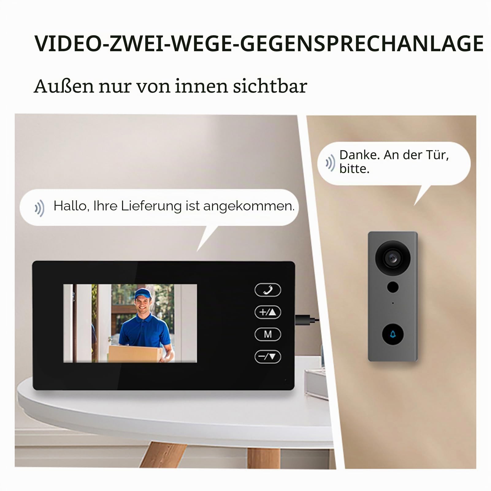Kabellose 2,4G Video-Türklingel mit 4,3 Zoll IPS Display, Gegensprechanlage mit Nachtsicht, Schwarz für Haus und Villa