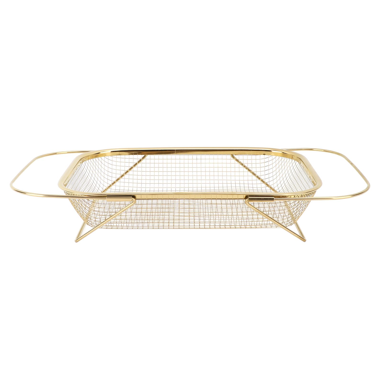 Stainless Steel Over The Sink Colander Fine Mesh Basket, Expandable Rubber Grips, Kitchen Strainer for Strain, Drain, Rinse Fruits, Vegetables (Gold)