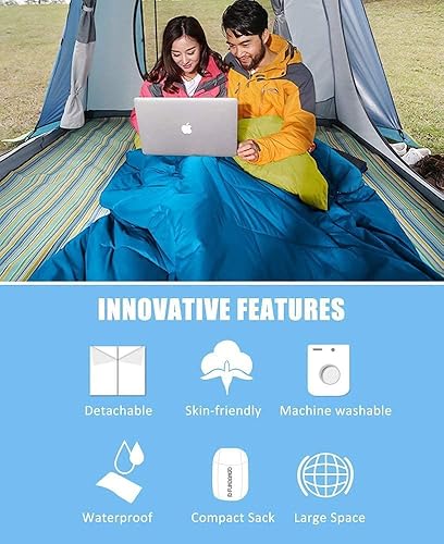 Miniatura 7 de FUNDANGO Saco de dormir doble ligero con 2 almohadas para adultos, 2 personas, saco de dormir impermeable para mochileros, senderismo, amplio saco