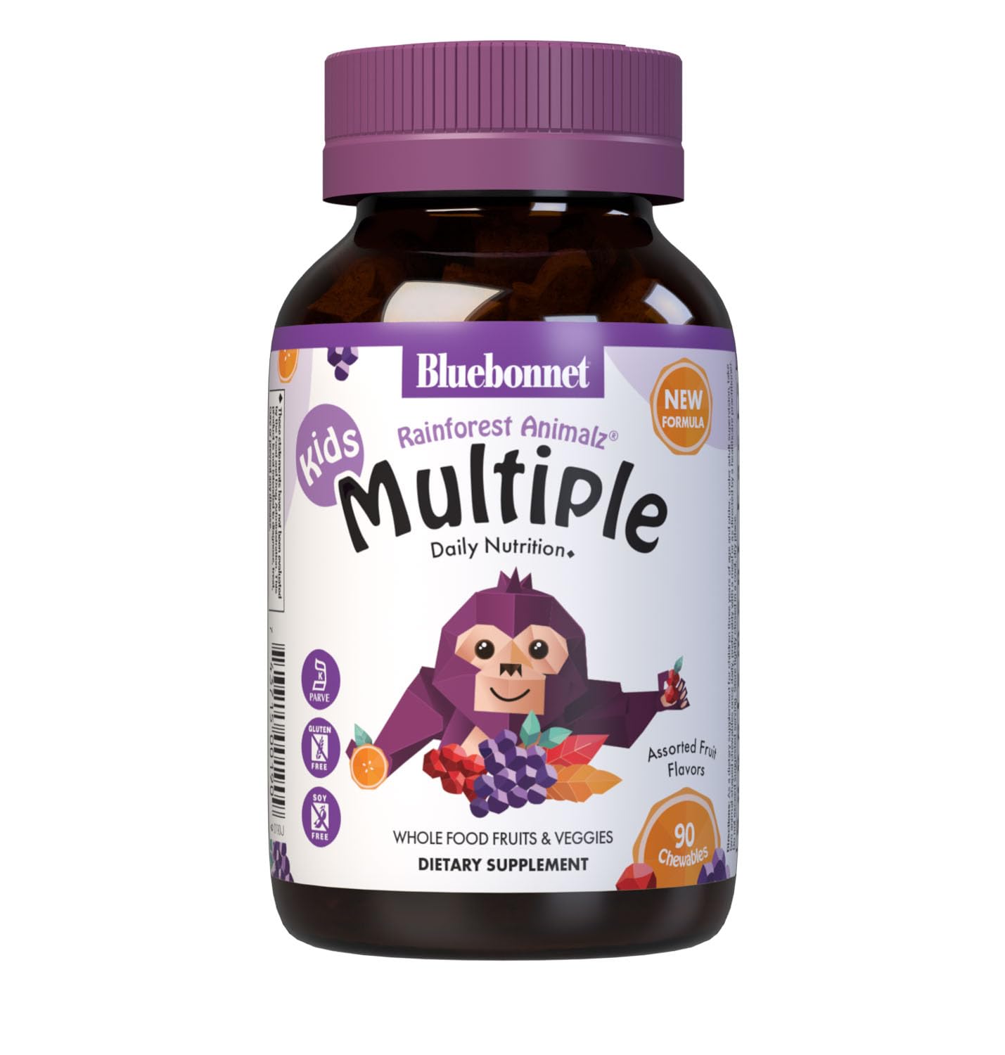 Bluebonnet Nutrition Rainforest Animalz Whole Food Based Multiple Chewable Tablets, Kids Multivitamin & Mineral, Vitamin C, D3, Iron, Gluten Free, Milk Free, Kosher, 90 Chewable Tablets, Mixed Flavors