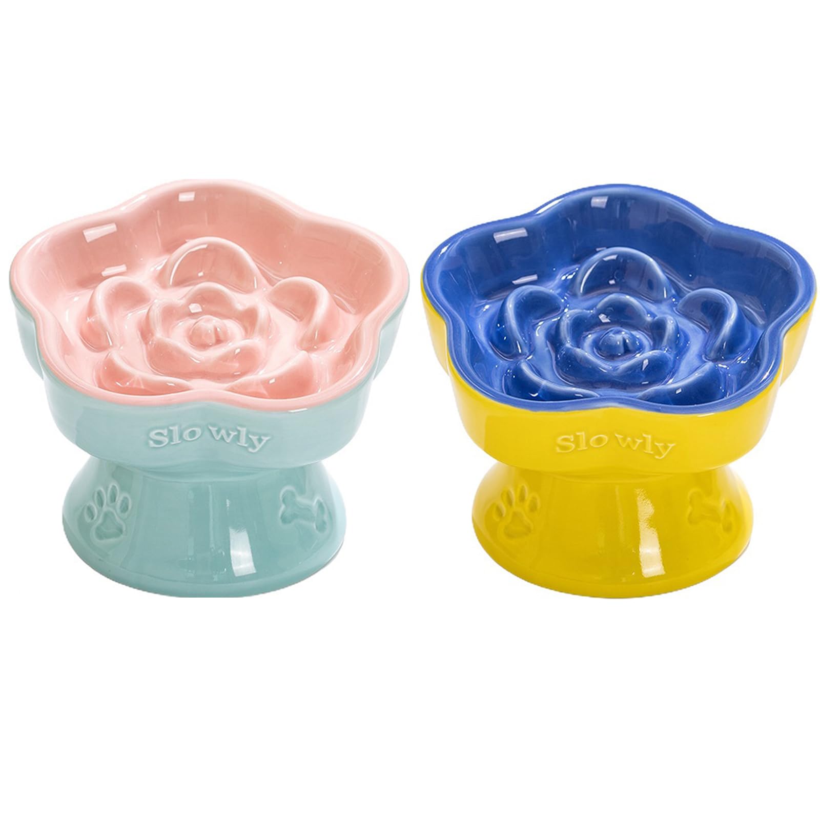 2pcs CERAMICS Raised Slow Feeder Cat Bowl (Pink&Blue)
